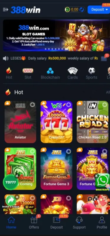 388Win Game interface showing game options and user dashboard