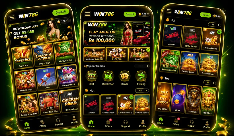 WIN786 Game APK interface with multiple screens showing casino slots, aviator game, and bonus offers